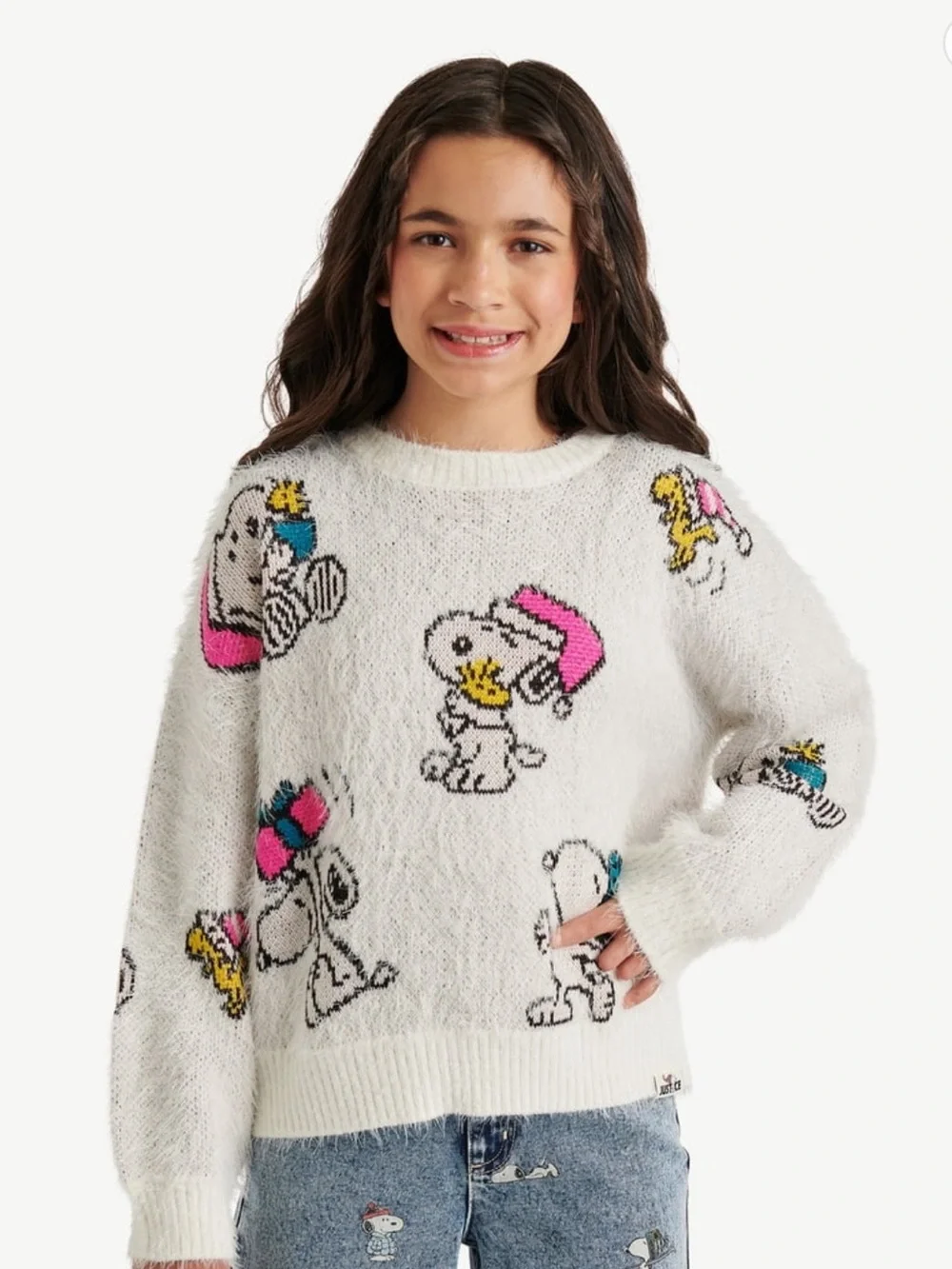 Justice White Snoopy Graphic Knit Sweater with Pink & Blue Accents